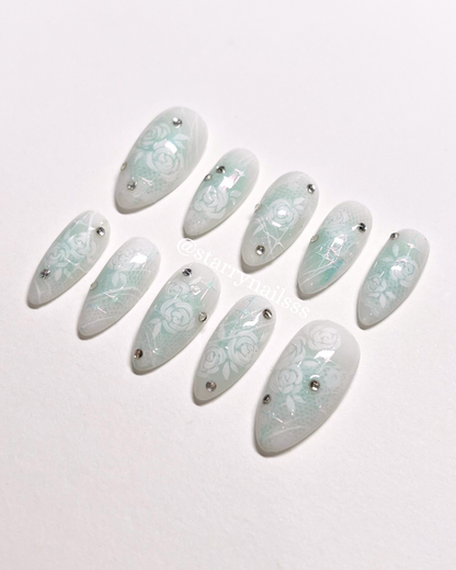 Pre-made Light Blue Floral Lace Nails