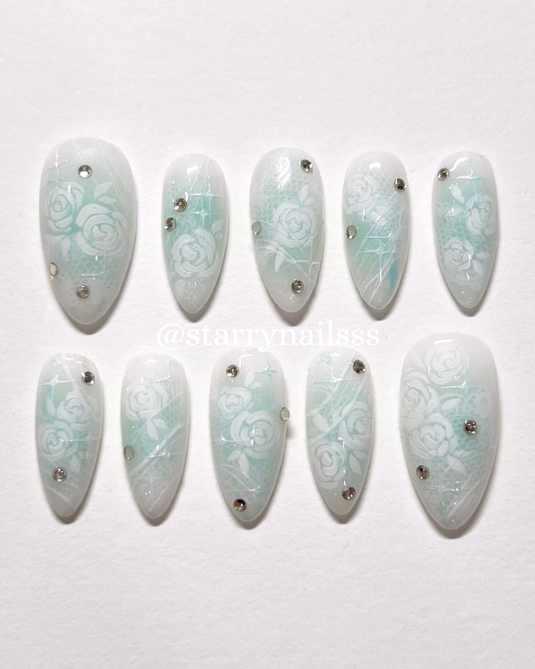 Pre-made Light Blue Floral Lace Nails