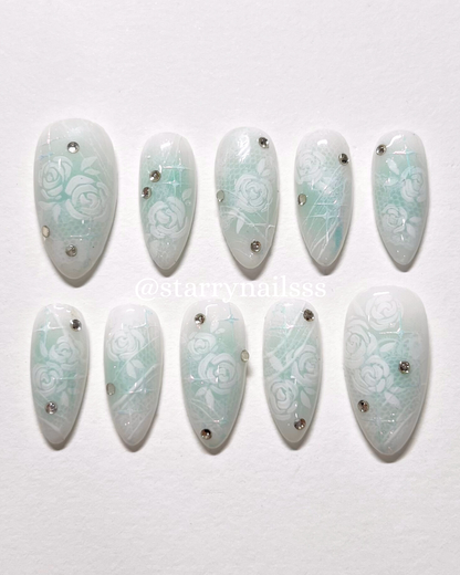 Pre-made Light Blue Floral Lace Nails